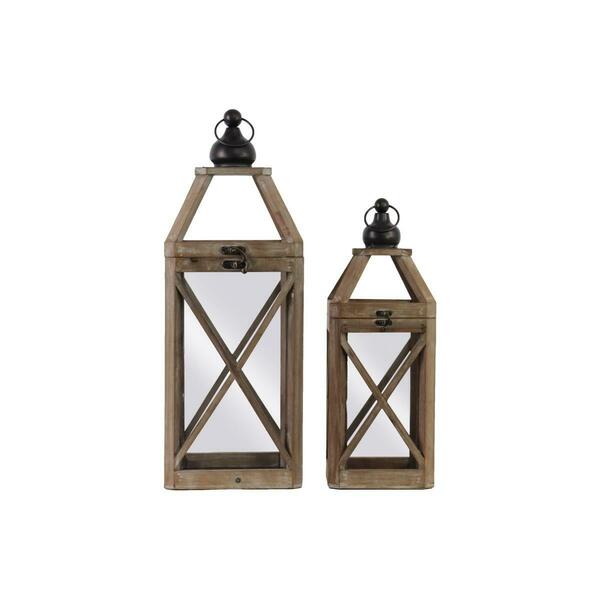 Urban Trends Collection Wood Square Lantern with Ring Handle & Cross Design Body Natural Finish, Brown, 2PK 41077